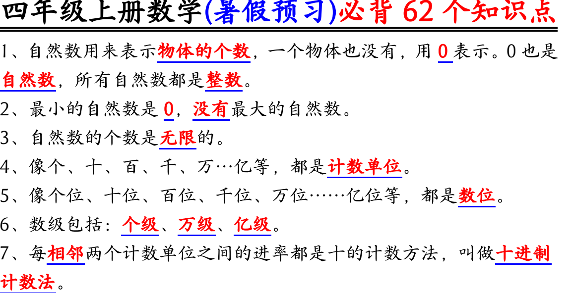 小学四上数学暑假预习必背62个知识点归纳（4页）-知本资料汇集库